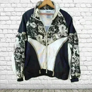 Vintage 1980s Cabin Creek Black/Cream Floral Detail Zip Up Bomber Jacket Size L